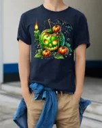 Green Poison Apple Pumpkin Halloween T-Shirt - model wearing navy shirt, hands in pockets
