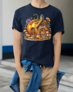 Whimsical Pumpkin Cottage Autumn T-Shirt - model wearing navy shirt, hands in pockets