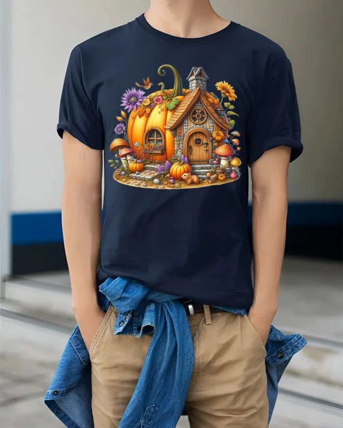 Whimsical Pumpkin Cottage Autumn T-Shirt - model wearing navy shirt, hands in pockets