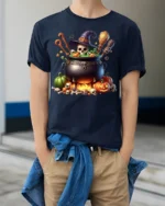 Spooky Witch Cauldron Halloween T-Shirt - model wearing navy shirt, hands in pockets