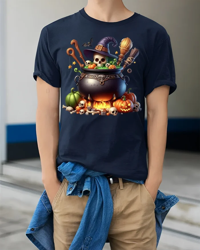 Spooky Witch Cauldron Halloween T-Shirt - model wearing navy shirt, hands in pockets