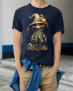 Creepy Pumpkin Head Scarecrow Halloween T-Shirt - model wearing navy shirt, hands in pockets