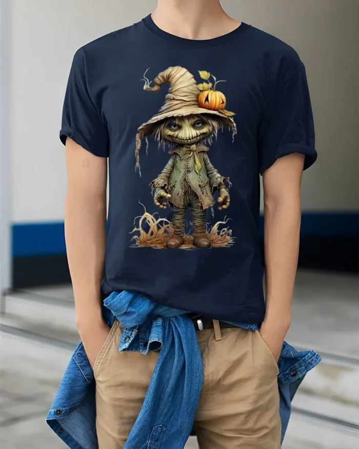 Creepy Pumpkin Head Scarecrow Halloween T-Shirt - model wearing navy shirt, hands in pockets
