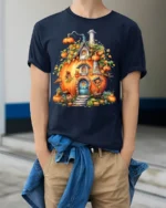 Whimsical Pumpkin House Autumn Harvest T-Shirt - model wearing navy shirt, hands in pockets
