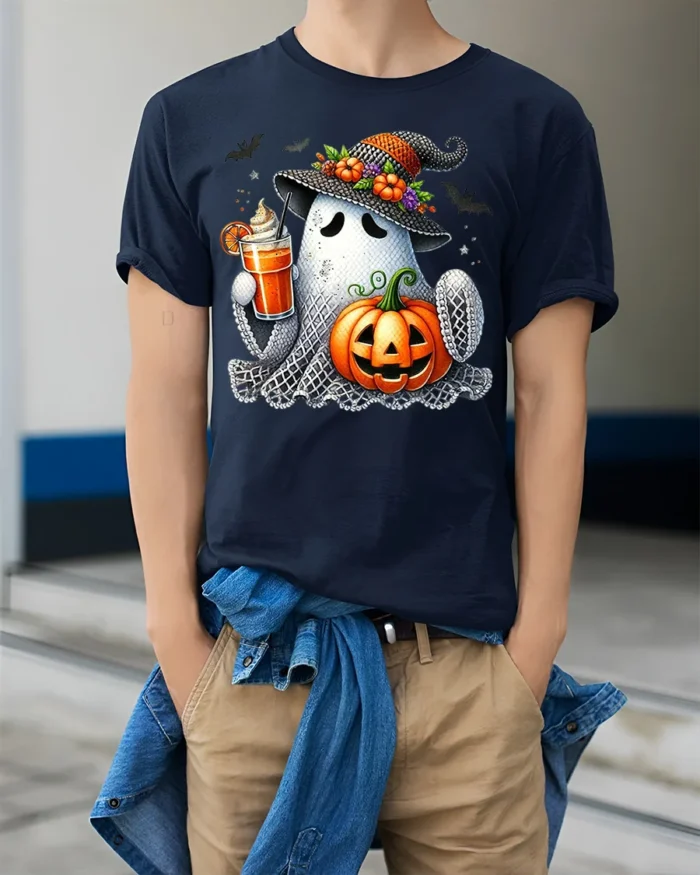 Cute Ghost Pumpkin Drink Halloween T-Shirt - model wearing navy shirt, hands in pockets