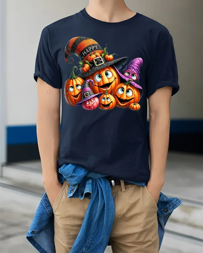 Smiling Pumpkin Family Halloween Party T-Shirt - model wearing navy shirt, hands in pockets