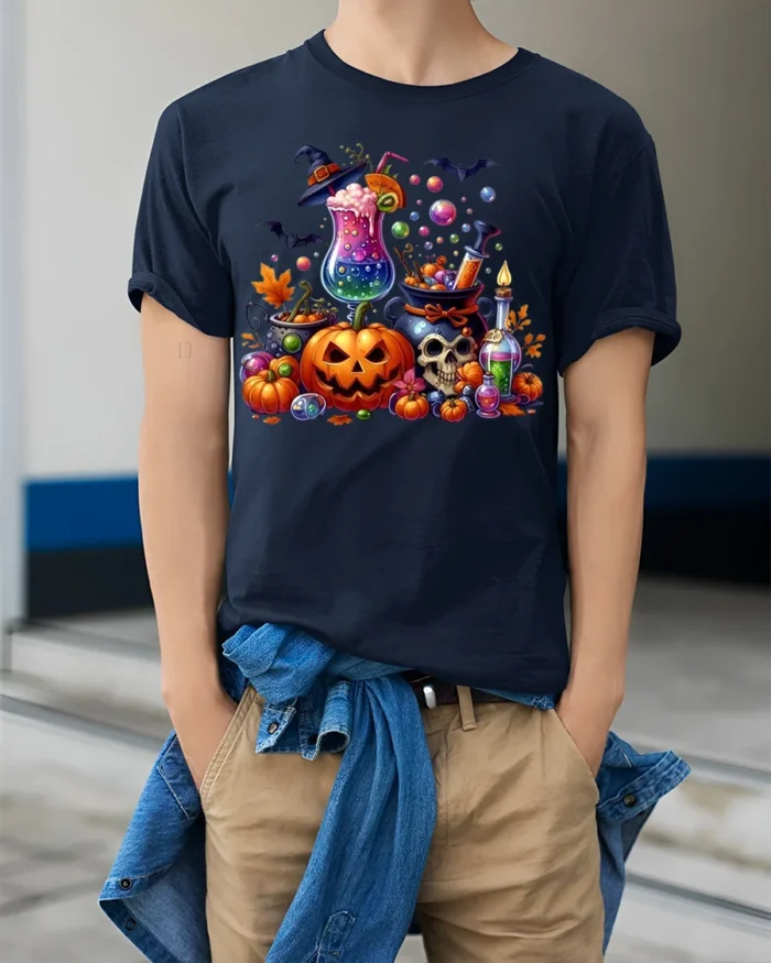 Colorful Halloween Potion and Pumpkin T-Shirt - model wearing navy shirt, hands in pockets