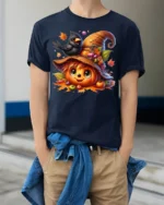 Cute Pumpkin Crow Autumn Harvest T-Shirt - model wearing navy shirt, hands in pockets