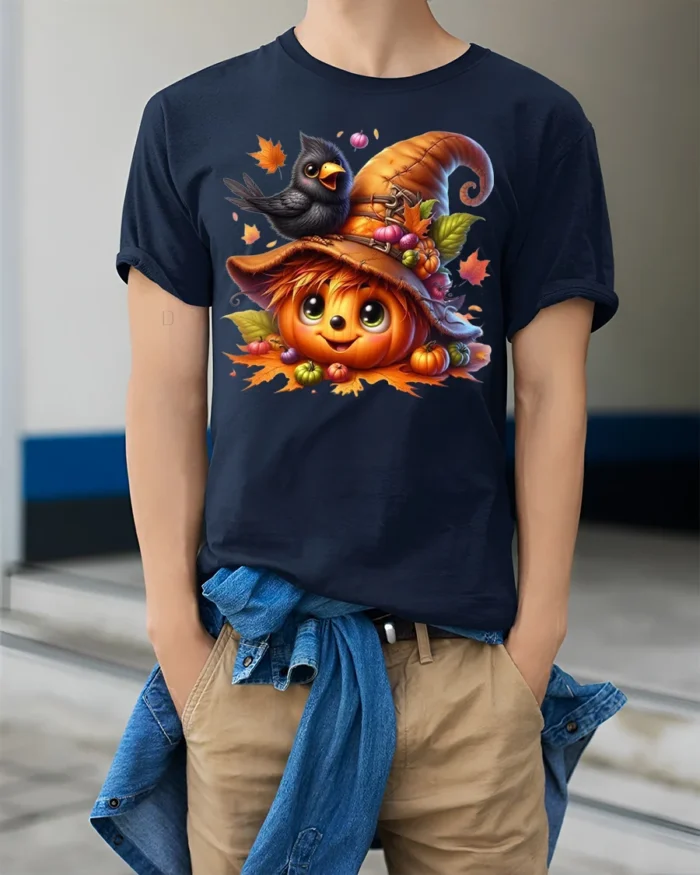 Cute Pumpkin Crow Autumn Harvest T-Shirt - model wearing navy shirt, hands in pockets