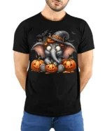 Cute Halloween Elephant Pumpkin T-Shirt - model wearing black shirt, hands behind back