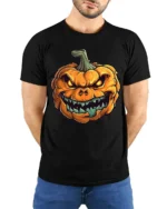 Scary Evil Grinning Pumpkin Halloween T-Shirt - model wearing black shirt, hands behind back