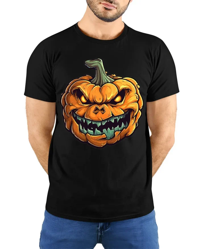 Scary Evil Grinning Pumpkin Halloween T-Shirt - model wearing black shirt, hands behind back