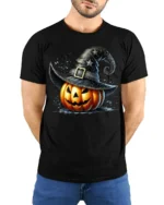 Witch Hat Jack-O’-Lantern Halloween T-Shirt - model wearing black shirt, hands behind back