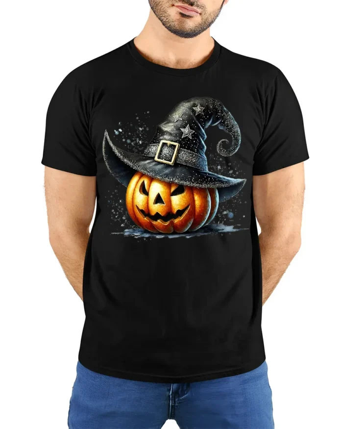 Witch Hat Jack-O’-Lantern Halloween T-Shirt - model wearing black shirt, hands behind back