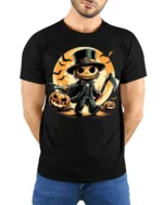 Pumpkin Head Axe Halloween Moonlight T-Shirt - model wearing black shirt, hands behind back