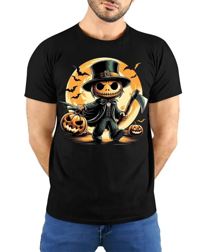 Pumpkin Head Axe Halloween Moonlight T-Shirt - model wearing black shirt, hands behind back