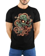 Green Skull Tentacle Horror Halloween T-Shirt - model wearing black shirt, hands behind back