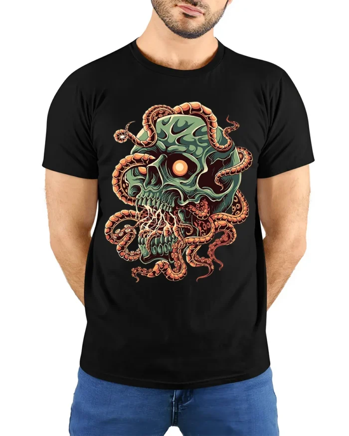 Green Skull Tentacle Horror Halloween T-Shirt - model wearing black shirt, hands behind back