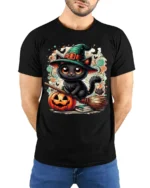 Cute Black Cat Witch Halloween Pumpkin T-Shirt - model wearing black shirt, hands behind back