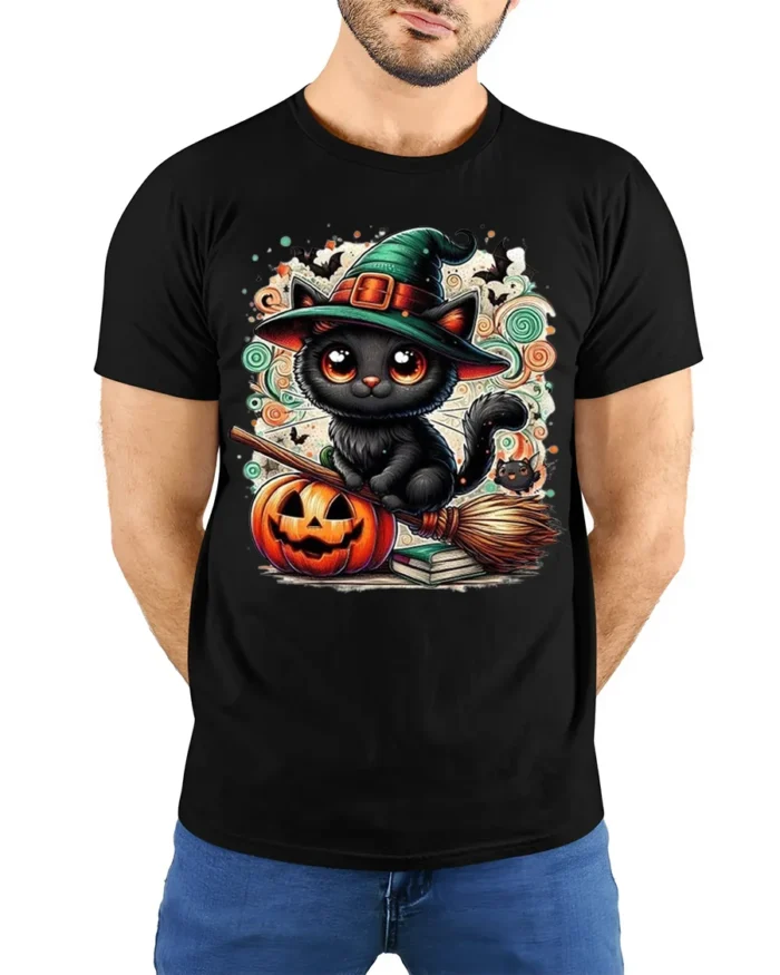 Cute Black Cat Witch Halloween Pumpkin T-Shirt - model wearing black shirt, hands behind back