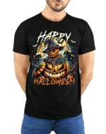 Creepy Pumpkin Scarecrow Happy Halloween T-Shirt - model wearing black shirt, hands behind back
