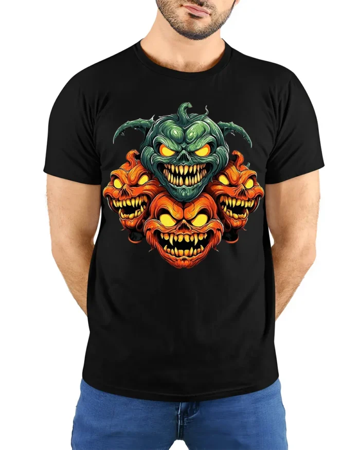Evil Multi-Headed Pumpkin Monster T-Shirt - model wearing black shirt, hands behind back