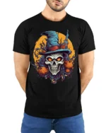 Evil Witch Skull Pumpkin Moon Halloween T-Shirt - model wearing black shirt, hands behind back