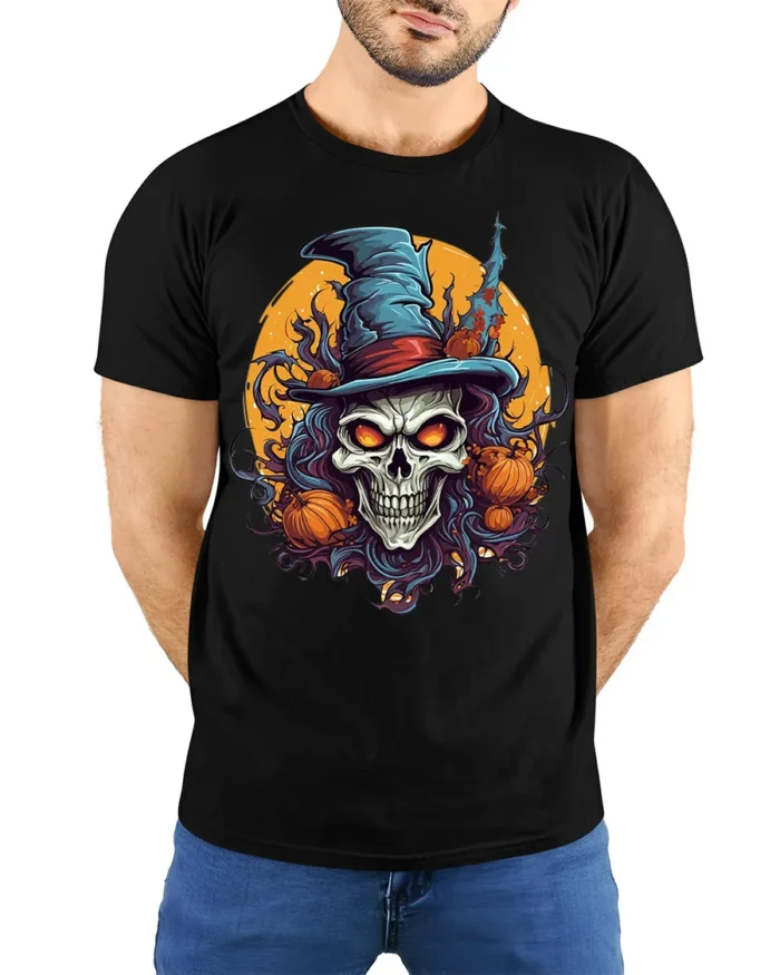 Evil Witch Skull Pumpkin Moon Halloween T-Shirt - model wearing black shirt, hands behind back