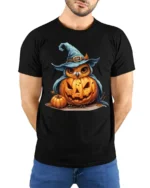 Halloween Owl with Pumpkin Witch Hat T-Shirt - model wearing black shirt, hands behind back