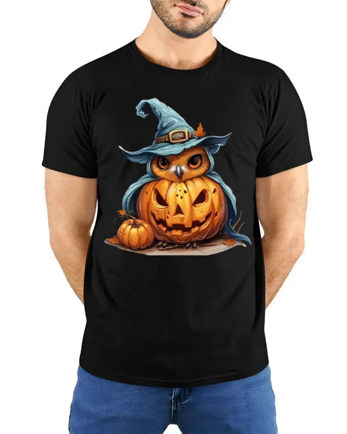 Halloween Owl with Pumpkin Witch Hat T-Shirt - model wearing black shirt, hands behind back