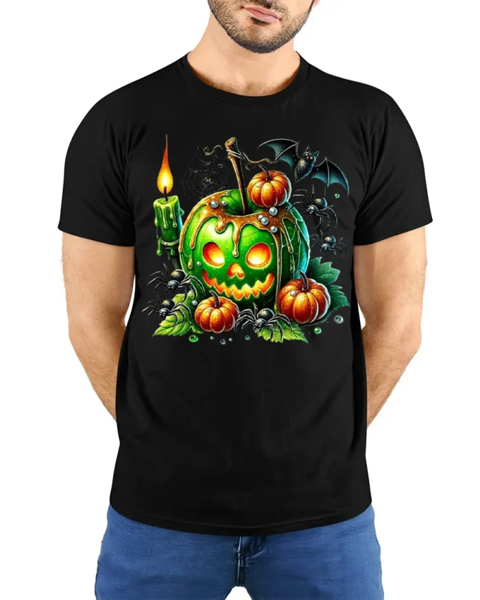 Green Poison Apple Pumpkin Halloween T-Shirt - model wearing black shirt, hands behind back