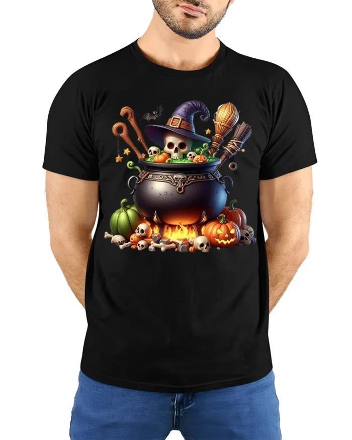 Spooky Witch Cauldron Halloween T-Shirt - model wearing black shirt, hands behind back