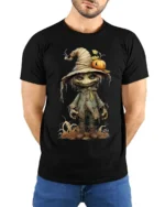 Creepy Pumpkin Head Scarecrow Halloween T-Shirt - model wearing black shirt, hands behind back