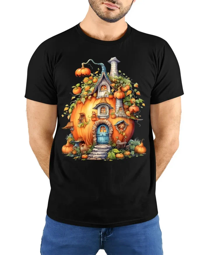 Whimsical Pumpkin House Autumn Harvest T-Shirt - model wearing black shirt, hands behind back