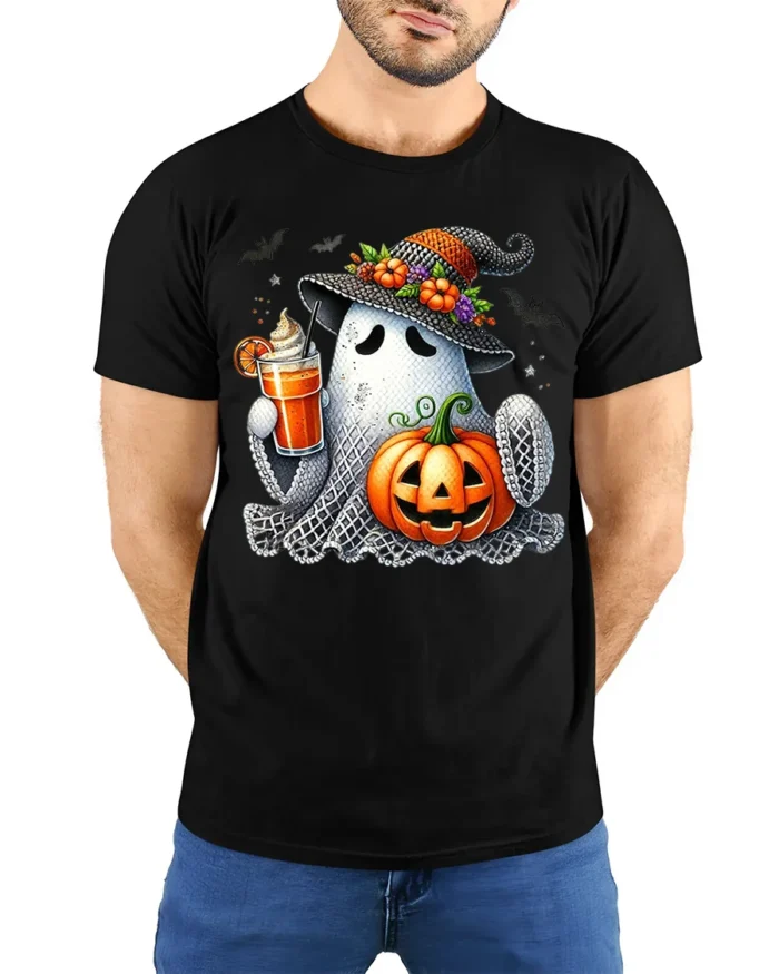 Cute Ghost Pumpkin Drink Halloween T-Shirt - model wearing black shirt, hands behind back