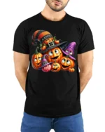 Smiling Pumpkin Family Halloween Party T-Shirt - model wearing black shirt, hands behind back