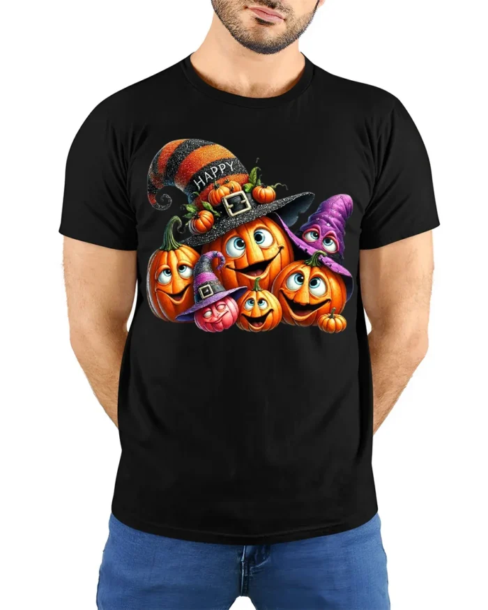 Smiling Pumpkin Family Halloween Party T-Shirt - model wearing black shirt, hands behind back