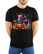 Colorful Halloween Potion and Pumpkin T-Shirt - model wearing black shirt, hands behind back