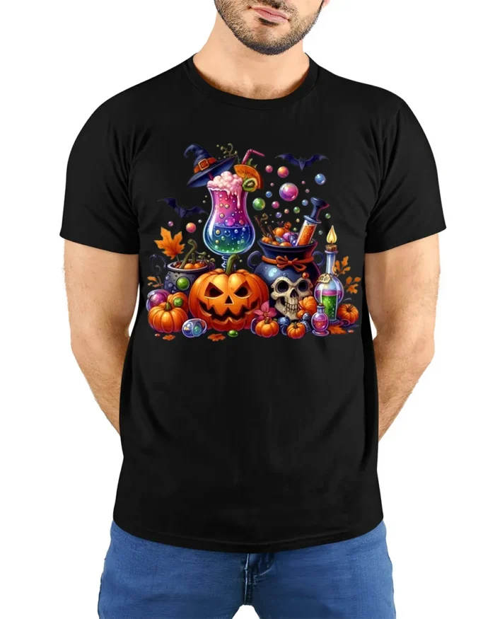 Colorful Halloween Potion and Pumpkin T-Shirt - model wearing black shirt, hands behind back