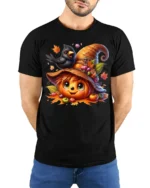 Cute Pumpkin Crow Autumn Harvest T-Shirt - model wearing black shirt, hands behind back