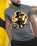 Pumpkin Head Axe Halloween Moonlight T-Shirt - model in grey shirt leaning against column