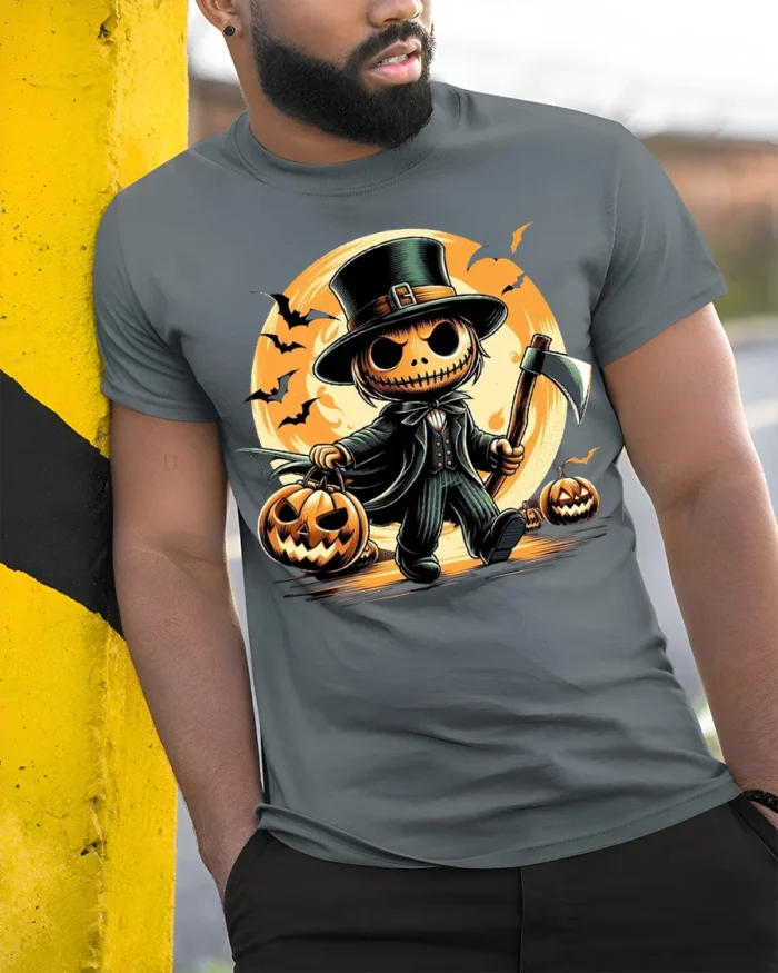 Pumpkin Head Axe Halloween Moonlight T-Shirt - model in grey shirt leaning against column