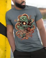 Green Skull Tentacle Horror Halloween T-Shirt - model in grey shirt leaning against column