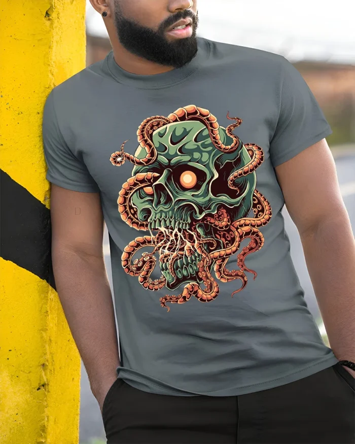 Green Skull Tentacle Horror Halloween T-Shirt - model in grey shirt leaning against column