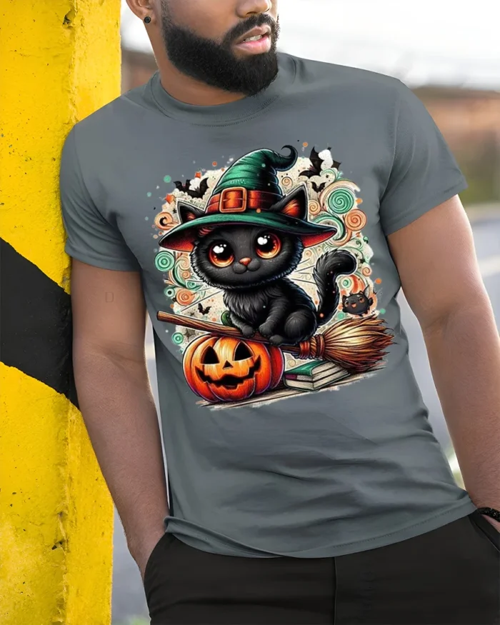Cute Black Cat Witch Halloween Pumpkin T-Shirt - model in grey shirt leaning against column
