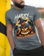 Creepy Pumpkin Scarecrow Happy Halloween T-Shirt - model in grey shirt leaning against column