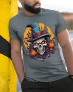 Evil Witch Skull Pumpkin Moon Halloween T-Shirt - model in grey shirt leaning against column