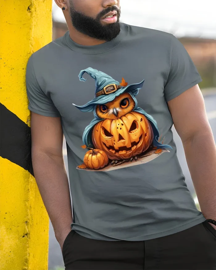 Halloween Owl with Pumpkin Witch Hat T-Shirt - model in grey shirt leaning against column
