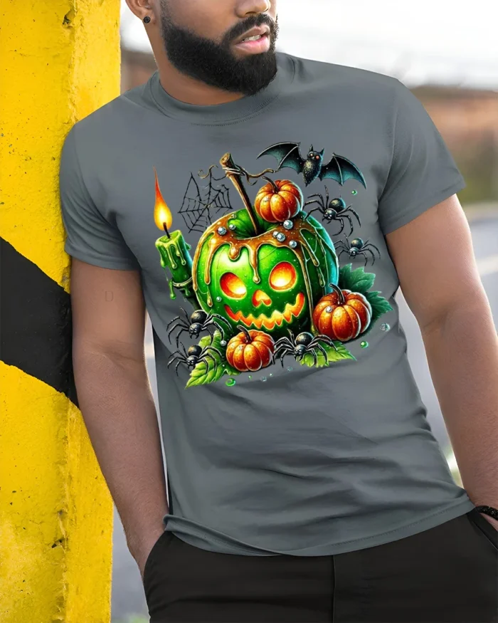 Green Poison Apple Pumpkin Halloween T-Shirt - model in grey shirt leaning against column