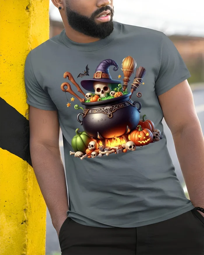 Spooky Witch Cauldron Halloween T-Shirt - model in grey shirt leaning against column